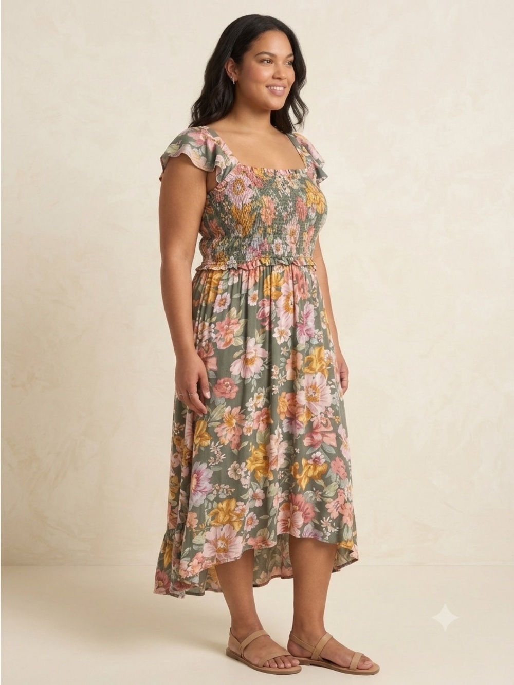 Live To Be Spoiled Smocked Floral High Low Maxi Dress Green Pink L